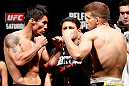 SAO PAULO, BRAZIL - JANUARY 18:  (L-R) Opponents Diego Nunes and Nik Lentz face off during the UFC on FX official weigh-in event on January 18, 2013 at Ibirapuera Gymnasium in Sao Paulo, Brazil. (Photo by Josh Hedges/Zuffa LLC/Zuffa LLC via Getty Images)