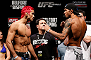 SAO PAULO, BRAZIL - JANUARY 18:  (L-R) Opponents Godofredo "Pepey" Castro and Milton Vieira face off during the UFC on FX official weigh-in event on January 18, 2013 at Ibirapuera Gymnasium in Sao Paulo, Brazil. (Photo by Josh Hedges/Zuffa LLC/Zuffa LLC via Getty Images)