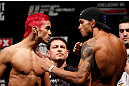 SAO PAULO, BRAZIL - JANUARY 18:  (L-R) Opponents Godofredo "Pepey" Castro and Milton Vieira face off during the UFC on FX official weigh-in event on January 18, 2013 at Ibirapuera Gymnasium in Sao Paulo, Brazil. (Photo by Josh Hedges/Zuffa LLC/Zuffa LLC via Getty Images)