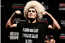 SAO PAULO, BRAZIL - JANUARY 18:  Khabib Nurmagomedov weighs in during the UFC on FX official weigh-in event on January 18, 2013 at Ibirapuera Gymnasium in Sao Paulo, Brazil. (Photo by Josh Hedges/Zuffa LLC/Zuffa LLC via Getty Images)