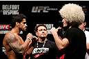 SAO PAULO, BRAZIL - JANUARY 18:  (L-R) Opponents Thiago Tavares and Khabib Nurmagomedov face off during the UFC on FX official weigh-in event on January 18, 2013 at Ibirapuera Gymnasium in Sao Paulo, Brazil. (Photo by Josh Hedges/Zuffa LLC/Zuffa LLC via Getty Images)