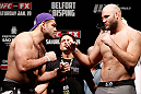SAO PAULO, BRAZIL - JANUARY 18:  (L-R) Opponents Gabriel Gonzaga and Ben Rothwell face off during the UFC on FX official weigh-in event on January 18, 2013 at Ibirapuera Gymnasium in Sao Paulo, Brazil. (Photo by Josh Hedges/Zuffa LLC/Zuffa LLC via Getty Images)