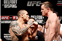 SAO PAULO, BRAZIL - JANUARY 18:  (L-R) Opponents Daniel Sarafian and C.B. Dolloway face off during the UFC on FX official weigh-in event on January 18, 2013 at Ibirapuera Gymnasium in Sao Paulo, Brazil. (Photo by Josh Hedges/Zuffa LLC/Zuffa LLC via Getty Images)