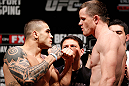 SAO PAULO, BRAZIL - JANUARY 18:  (L-R) Opponents Daniel Sarafian and C.B. Dolloway face off during the UFC on FX official weigh-in event on January 18, 2013 at Ibirapuera Gymnasium in Sao Paulo, Brazil. (Photo by Josh Hedges/Zuffa LLC/Zuffa LLC via Getty Images)