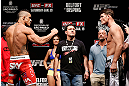 SAO PAULO, BRAZIL - JANUARY 18:  (L-R) Opponents Vitor Belfort and Michael Bisping face off during the UFC on FX official weigh-in event on January 18, 2013 at Ibirapuera Gymnasium in Sao Paulo, Brazil. (Photo by Josh Hedges/Zuffa LLC/Zuffa LLC via Getty Images)