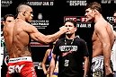 SAO PAULO, BRAZIL - JANUARY 18:  (L-R) Opponents Vitor Belfort and Michael Bisping face off during the UFC on FX official weigh-in event on January 18, 2013 at Ibirapuera Gymnasium in Sao Paulo, Brazil. (Photo by Josh Hedges/Zuffa LLC/Zuffa LLC via Getty Images)
