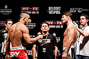 SAO PAULO, BRAZIL - JANUARY 18:  (L-R) Opponents Vitor Belfort and Michael Bisping face off during the UFC on FX official weigh-in event on January 18, 2013 at Ibirapuera Gymnasium in Sao Paulo, Brazil. (Photo by Josh Hedges/Zuffa LLC/Zuffa LLC via Getty Images)