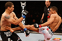 SAO PAULO, BRAZIL - JANUARY 19:  (R-L) Edson Barboza kicks Lucas Martins in their lightweight fight at the UFC on FX event on January 19, 2013 at Ibirapuera Gymnasium in Sao Paulo, Brazil. (Photo by Josh Hedges/Zuffa LLC/Zuffa LLC via Getty Images)
