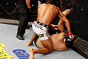 SAO PAULO, BRAZIL - JANUARY 19:  (L-R) Edson Barboza punches Lucas Martins in their lightweight fight at the UFC on FX event on January 19, 2013 at Ibirapuera Gymnasium in Sao Paulo, Brazil. (Photo by Josh Hedges/Zuffa LLC/Zuffa LLC via Getty Images)