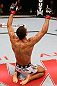 SAO PAULO, BRAZIL - JANUARY 19:  Edson Barboza reacts after knocking out Lucas Martins in their lightweight fight at the UFC on FX event on January 19, 2013 at Ibirapuera Gymnasium in Sao Paulo, Brazil. (Photo by Josh Hedges/Zuffa LLC/Zuffa LLC via Getty Images)