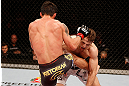 SAO PAULO, BRAZIL - JANUARY 19:  (L-R) Diego Nunes kicks Nik Lentz in their featherweight fight at the UFC on FX event on January 19, 2013 at Ibirapuera Gymnasium in Sao Paulo, Brazil. (Photo by Josh Hedges/Zuffa LLC/Zuffa LLC via Getty Images)