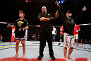 SAO PAULO, BRAZIL - JANUARY 19:  Nik Lentz (R) reacts after defeating Diego Nunes in their featherweight fight at the UFC on FX event on January 19, 2013 at Ibirapuera Gymnasium in Sao Paulo, Brazil. (Photo by Josh Hedges/Zuffa LLC/Zuffa LLC via Getty Images)