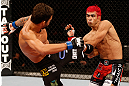 SAO PAULO, BRAZIL - JANUARY 19:  (L-R) Milton Vieira kicks Godofredo "Pepey" Castro in their featherweight fight at the UFC on FX event on January 19, 2013 at Ibirapuera Gymnasium in Sao Paulo, Brazil. (Photo by Josh Hedges/Zuffa LLC/Zuffa LLC via Getty Images)