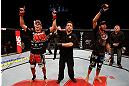 SAO PAULO, BRAZIL - JANUARY 19:  Godofredo "Pepey" Castro (L) reacts after winning a split decision over Milton Vieira (R) in their featherweight fight at the UFC on FX event on January 19, 2013 at Ibirapuera Gymnasium in Sao Paulo, Brazil. (Photo by Josh Hedges/Zuffa LLC/Zuffa LLC via Getty Images)