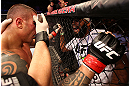 SAO PAULO, BRAZIL - JANUARY 19:  Daniel Sarafian receives treatment from his cut man after his middleweight fight against C.B. Dolloway at the UFC on FX event on January 19, 2013 at Ibirapuera Gymnasium in Sao Paulo, Brazil. (Photo by Josh Hedges/Zuffa LLC/Zuffa LLC via Getty Images)