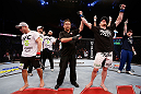 SAO PAULO, BRAZIL - JANUARY 19:  C.B. Dolloway (R) reacts after defeating Daniel Sarafian in their middleweight fight at the UFC on FX event on January 19, 2013 at Ibirapuera Gymnasium in Sao Paulo, Brazil. (Photo by Josh Hedges/Zuffa LLC/Zuffa LLC via Getty Images)