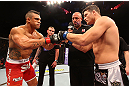 SAO PAULO, BRAZIL - JANUARY 19:  (L-R) Opponents Vitor Belfort and Michael Bisping face off before their middleweight fight at the UFC on FX event on January 19, 2013 at Ibirapuera Gymnasium in Sao Paulo, Brazil. (Photo by Josh Hedges/Zuffa LLC/Zuffa LLC via Getty Images)