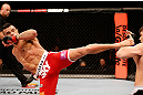 SAO PAULO, BRAZIL - JANUARY 19:  (L-R) Vitor Belfort kicks Michael Bisping in their middleweight fight at the UFC on FX event on January 19, 2013 at Ibirapuera Gymnasium in Sao Paulo, Brazil. (Photo by Josh Hedges/Zuffa LLC/Zuffa LLC via Getty Images)