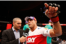 SAO PAULO, BRAZIL - JANUARY 19:  (R-L) Vitor Belfort is interviewed by Jon Anik after knocking out Michael Bisping in their middleweight fight at the UFC on FX event on January 19, 2013 at Ibirapuera Gymnasium in Sao Paulo, Brazil. (Photo by Josh Hedges/Zuffa LLC/Zuffa LLC via Getty Images)