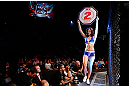 SAO PAULO, BRAZIL - JANUARY 19:  UFC Octagon Girl Aline Caroline Franzoi introduces a round during the UFC on FX event on January 19, 2013 at Ibirapuera Gymnasium in Sao Paulo, Brazil. (Photo by Josh Hedges/Zuffa LLC/Zuffa LLC via Getty Images)