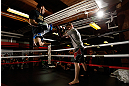 CHICAGO, IL - JANUARY 23:  John Dodson (L) conducts an open workout session for media on January 23, 2013 at UFC Gym in Chicago, Illinois. (Photo by Josh Hedges/Zuffa LLC/Zuffa LLC via Getty Images)