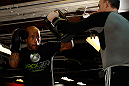 CHICAGO, IL - JANUARY 23:  Demetrious "Mighty Mouse" Johnson (L) conducts an open workout session for media on January 23, 2013 at UFC Gym in Chicago, Illinois. (Photo by Josh Hedges/Zuffa LLC/Zuffa LLC via Getty Images)