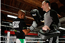 CHICAGO, IL - JANUARY 23:  Demetrious "Mighty Mouse" Johnson (L) conducts an open workout session for media on January 23, 2013 at UFC Gym in Chicago, Illinois. (Photo by Josh Hedges/Zuffa LLC/Zuffa LLC via Getty Images)