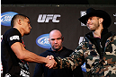 CHICAGO, IL - JANUARY 24:  (L-R) Opponents Anthony Pettis and Donald "Cowboy" Cerrone shake hands during the UFC on FOX press conference on January 24, 2013 at the United Center in Chicago, Illinois. (Photo by Josh Hedges/Zuffa LLC/Zuffa LLC via Getty Images)