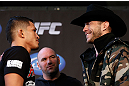 CHICAGO, IL - JANUARY 24:  (L-R) Opponents Anthony Pettis and Donald "Cowboy" Cerrone face off during the UFC on FOX press conference on January 24, 2013 at the United Center in Chicago, Illinois. (Photo by Josh Hedges/Zuffa LLC/Zuffa LLC via Getty Images)