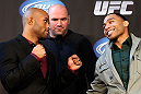 CHICAGO, IL - JANUARY 24:  (L-R) Opponents Demetrious "Mighty Mouse" Johnson and John Dodson face off during the UFC on FOX press conference on January 24, 2013 at the United Center in Chicago, Illinois. (Photo by Josh Hedges/Zuffa LLC/Zuffa LLC via Getty Images)