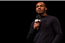CHICAGO, IL - JANUARY 25:  UFC light heavyweight champion Jon Jones interacts with fans during a Q&A session before the UFC on FOX weigh-in on January 25, 2013 at the Chicago Theatre in Chicago, Illinois. (Photo by Josh Hedges/Zuffa LLC/Zuffa LLC via Getty Images)