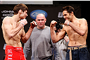 CHICAGO, IL - JANUARY 25:  (L-R) Opponents Simeon Thoresen and David Mitchell face off during the UFC on FOX weigh-in on January 25, 2013 at the Chicago Theatre in Chicago, Illinois. (Photo by Josh Hedges/Zuffa LLC/Zuffa LLC via Getty Images)