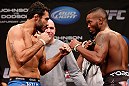 CHICAGO, IL - JANUARY 25:  (L-R) Opponents Rafael Natal and Sean Spencer face off during the UFC on FOX weigh-in on January 25, 2013 at the Chicago Theatre in Chicago, Illinois. (Photo by Josh Hedges/Zuffa LLC/Zuffa LLC via Getty Images)