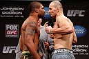 CHICAGO, IL - JANUARY 25:  (L-R) Opponents Quinton "Rampage" Jackson and Glover Teixeira face off during the UFC on FOX weigh-in on January 25, 2013 at the Chicago Theatre in Chicago, Illinois. (Photo by Josh Hedges/Zuffa LLC/Zuffa LLC via Getty Images)