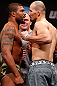 CHICAGO, IL - JANUARY 25:  (L-R) Opponents Quinton "Rampage" Jackson and Glover Teixeira face off during the UFC on FOX weigh-in on January 25, 2013 at the Chicago Theatre in Chicago, Illinois. (Photo by Josh Hedges/Zuffa LLC/Zuffa LLC via Getty Images)
