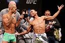 CHICAGO, IL - JANUARY 25:  (L-R) Opponents Demetrious Johnson and John Dodson face off during the UFC on FOX weigh-in on January 25, 2013 at the Chicago Theatre in Chicago, Illinois. (Photo by Josh Hedges/Zuffa LLC/Zuffa LLC via Getty Images)