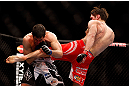 CHICAGO, IL - JANUARY 26:  David Mitchell (L) gets kicked by Simeon Thoresen (R) during their Welterweight Bout part of Facebook Prelims at United Center on January 26, 2013 in Chicago, Illinois.  (Photo by Josh Hedges/Zuffa LLC/Zuffa LLC Via Getty Images)