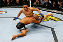 CHICAGO, IL - JANUARY 26:  John Dodson (R) fights Demetrious Johnson (L) during thier Flyweight Championship Bout part of UFC on FOX at United Center on January 26, 2013 in Chicago, Illinois.  (Photo by Al Bello/Zuffa LLC/Zuffa LLC Via Getty Images)