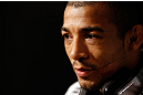 LAS VEGAS, NV - JANUARY 31:  UFC featherweight champion Jose Aldo interacts with media during the UFC 156 Ultimate Media Day on January 31, 2013 at the Mandalay Bay in Las Vegas, Nevada.  (Photo by Josh Hedges/Zuffa LLC/Zuffa LLC via Getty Images)