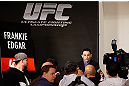 LAS VEGAS, NV - JANUARY 31:  Frankie Edgar interacts with media during the UFC 156 Ultimate Media Day on January 31, 2013 at the Mandalay Bay in Las Vegas, Nevada.  (Photo by Josh Hedges/Zuffa LLC/Zuffa LLC via Getty Images)