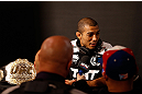 LAS VEGAS, NV - JANUARY 31:  UFC featherweight champion Jose Aldo interacts with media during the UFC 156 Ultimate Media Day on January 31, 2013 at the Mandalay Bay in Las Vegas, Nevada.  (Photo by Josh Hedges/Zuffa LLC/Zuffa LLC via Getty Images)