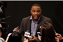 LAS VEGAS, NV - JANUARY 31:  Rashad Evans interacts with media during the UFC 156 Ultimate Media Day on January 31, 2013 at the Mandalay Bay in Las Vegas, Nevada.  (Photo by Josh Hedges/Zuffa LLC/Zuffa LLC via Getty Images)
