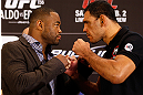 LAS VEGAS, NV - JANUARY 31:  (L-R) Opponents Rashad Evans and Antonio Rogerio Nogueira face off during the UFC 156 Ultimate Media Day on January 31, 2013 at the Mandalay Bay in Las Vegas, Nevada.  (Photo by Josh Hedges/Zuffa LLC/Zuffa LLC via Getty Images)