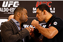 LAS VEGAS, NV - JANUARY 31:  (L-R) Opponents Rashad Evans and Antonio Rogerio Nogueira face off during the UFC 156 Ultimate Media Day on January 31, 2013 at the Mandalay Bay in Las Vegas, Nevada.  (Photo by Josh Hedges/Zuffa LLC/Zuffa LLC via Getty Images)