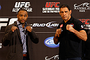 LAS VEGAS, NV - JANUARY 31:  (L-R) Opponents Rashad Evans and Antonio Rogerio Nogueira pose for photos during the UFC 156 Ultimate Media Day on January 31, 2013 at the Mandalay Bay in Las Vegas, Nevada.  (Photo by Josh Hedges/Zuffa LLC/Zuffa LLC via Getty Images)