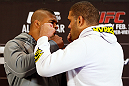 LAS VEGAS, NV - JANUARY 31:  (L-R) Opponents Alistair Overeem and Antonio "Bigfoot" Silva face off during the UFC 156 Ultimate Media Day on January 31, 2013 at the Mandalay Bay in Las Vegas, Nevada.  (Photo by Josh Hedges/Zuffa LLC/Zuffa LLC via Getty Images)