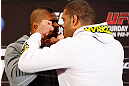 LAS VEGAS, NV - JANUARY 31:  (L-R) Opponents Alistair Overeem and Antonio "Bigfoot" Silva face off during the UFC 156 Ultimate Media Day on January 31, 2013 at the Mandalay Bay in Las Vegas, Nevada.  (Photo by Josh Hedges/Zuffa LLC/Zuffa LLC via Getty Images)