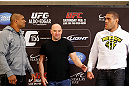 LAS VEGAS, NV - JANUARY 31:  (L-R) Opponents Alistair Overeem and Antonio "Bigfoot" Silva are separated by UFC president Dana White during the UFC 156 Ultimate Media Day on January 31, 2013 at the Mandalay Bay in Las Vegas, Nevada.  (Photo by Josh Hedges/Zuffa LLC/Zuffa LLC via Getty Images)