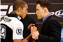 LAS VEGAS, NV - JANUARY 31:  (L-R) Opponents Jose Aldo and Frankie Edgar face off during the UFC 156 Ultimate Media Day on January 31, 2013 at the Mandalay Bay in Las Vegas, Nevada.  (Photo by Josh Hedges/Zuffa LLC/Zuffa LLC via Getty Images)
