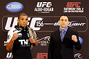 LAS VEGAS, NV - JANUARY 31:  (L-R) Opponents Jose Aldo and Frankie Edgar pose for photos during the UFC 156 Ultimate Media Day on January 31, 2013 at the Mandalay Bay in Las Vegas, Nevada.  (Photo by Josh Hedges/Zuffa LLC/Zuffa LLC via Getty Images)